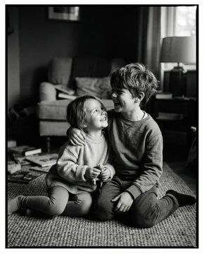 Brother and sister laughing together on living room floor. Happy childhood, sibling affection and family bonding at home. Black and white lifestyle portrait with emotional connection.