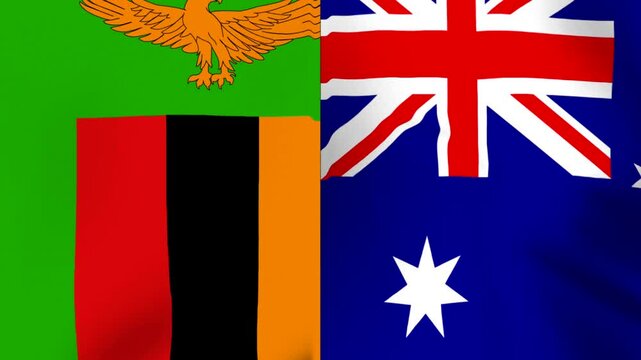 Waving flags of Zambia and Australia side by side representing international cooperation and diplomatic relations between two nations