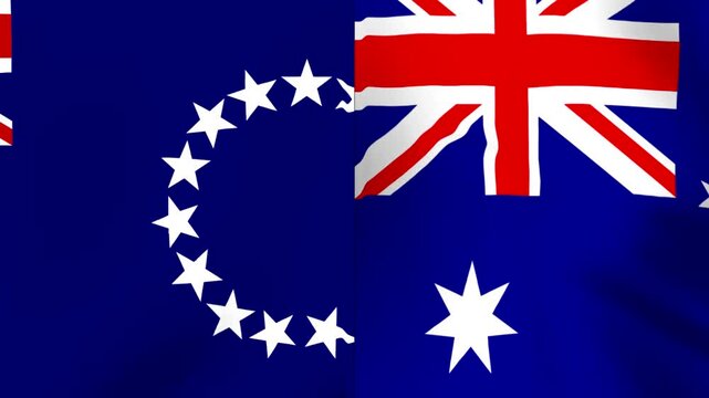 Waving national flag of Cook Islands combined with the Australian flag showing international friendship and diplomatic relations