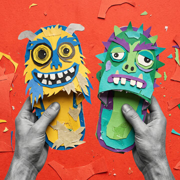 Halloween paper cut monsters held by grayscale hands against a red background in playful mixed media collage