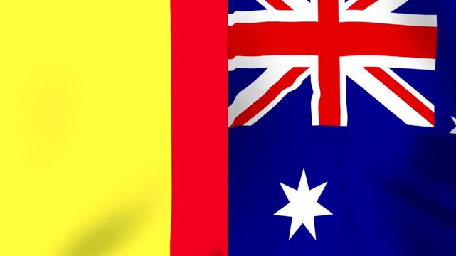 Waving national flags of Belgium and Australia combined together in a single horizontal composition