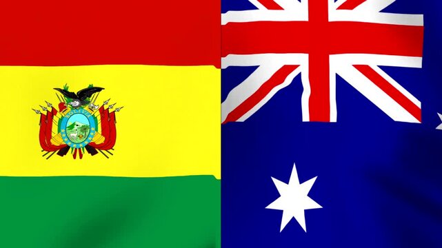 Waving national flags of Bolivia and Australia side by side in a conceptual alliance