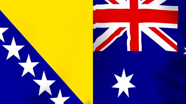 Waving national flags of Bosnia and Herzegovina and Australia side by side