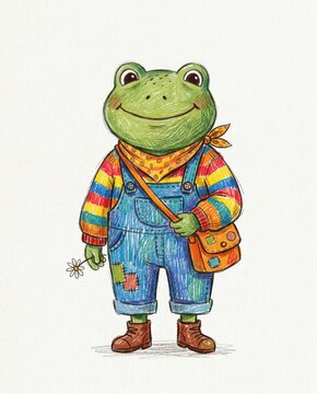 Cheerful frog character wearing colorful patched overalls and carrying a satchel with a flower. Whimsical hand drawn illustration for children storybook design and greeting card