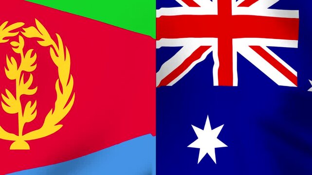 Waving national flags of Eritrea and Australia side by side in a conceptual international diplomatic relations background