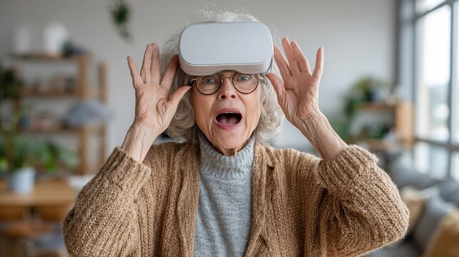 Elderly woman with reality headset, surprised expression, looking into future