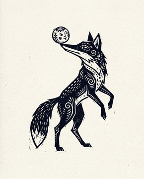 Decorative fox balancing a Kolobok Dough. Mystical folklore illustration. Monochrome linocut artwork with copy space. Kid Fairy Tale. Children fairytale.