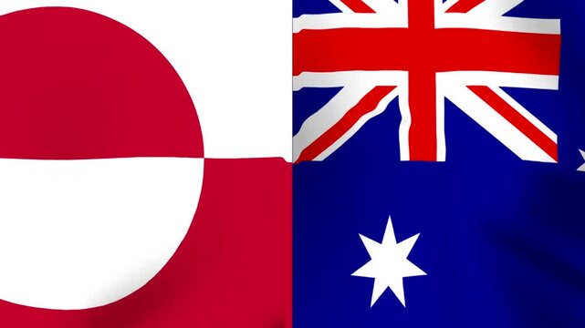 Waving national flags of Greenland and Australia side by side in a conceptual diplomatic partnership