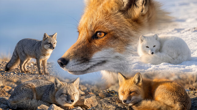 Fox species collage with Red fox  Arctic fox and Gray fox 