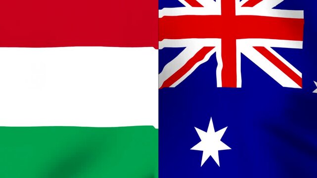 Waving national flags of Hungary and Australia combined side by side representing international friendship and diplomatic relations between countries