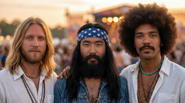 Three young men in 1970s vintage fashion at music festival outdoor concert