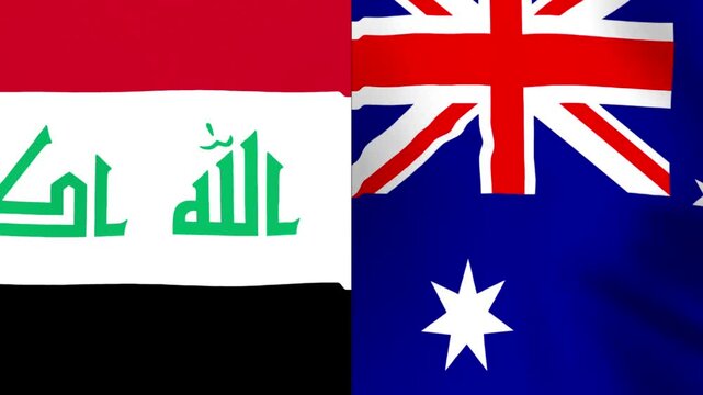 Waving national flags of Iraq and Australia side by side in a conceptual international relations design