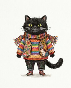 Hand-drawn black cat wearing a colorful patchwork sweater and scarf. Whimsical animal character illustration for greeting card, children&rsquo;s book, winter fashion, and festive design.