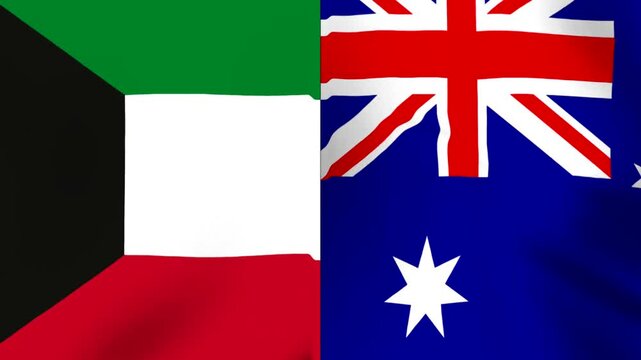 Waving national flags of Kuwait and Australia joined together as a symbol of diplomatic relations and international partnership