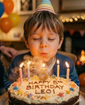 Boy blowing out candles on a decorated birthday cake at a family celebration. Happy childhood party, joy, tradition, and special milestone moment.