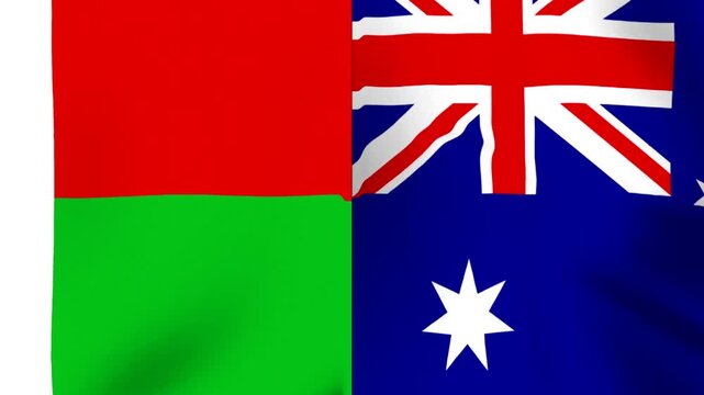 Waving national flags of Madagascar and Australia combined as a symbol of international friendship and cooperation
