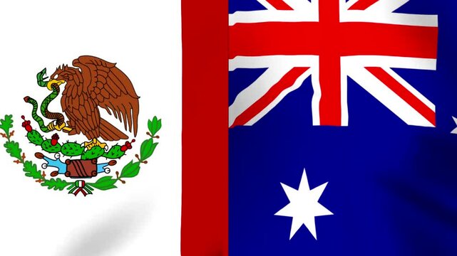 Waving national flags of Mexico and Australia side by side in a conceptual international partnership design