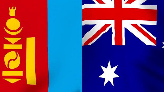 Waving national flags of Mongolia and Australia side by side showing international diplomatic relations