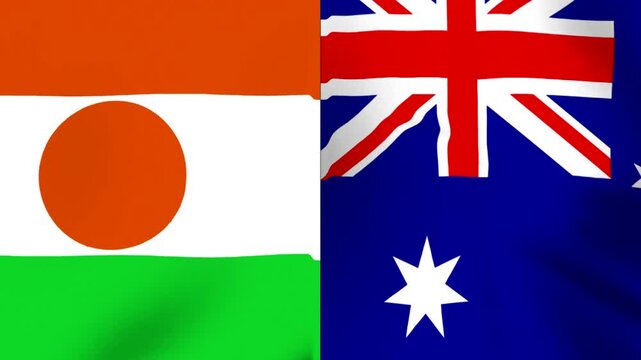 Waving national flags of Niger and Australia side by side in a conceptual international diplomatic alliance design