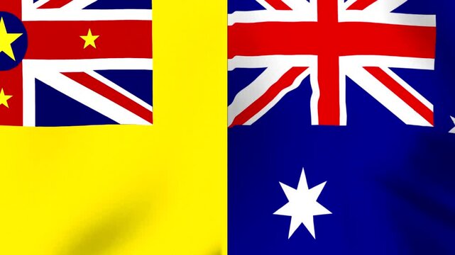 Waving national flags of Niue and Australia side by side in a conceptual partnership design