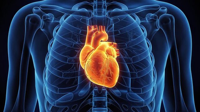 3D animated visualization of a glowing human heart beating within a transparent blue rib cage, representing vital human anatomy, cardiology, and the circulatory system in a scientific context.