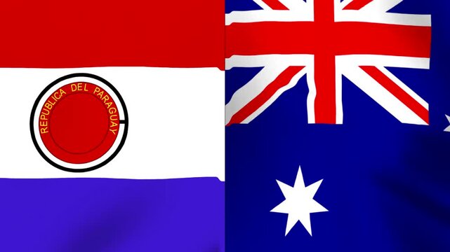 Waving national flags of Paraguay and Australia side by side in a splitscreen composition