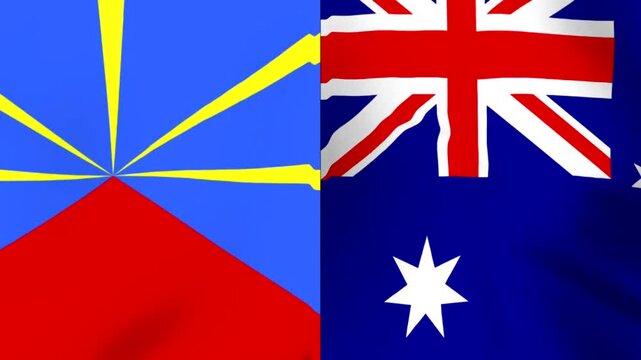 Waving national flags of Reunion and Australia side by side in a conceptual design