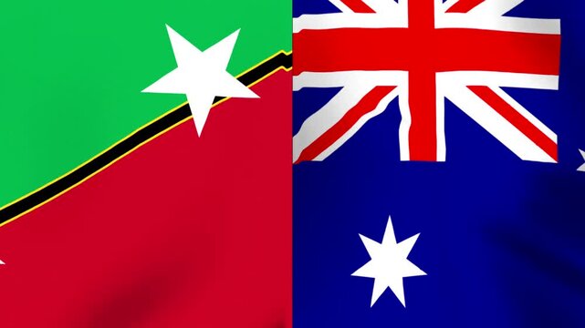 Waving national flags of Saint Kitts and Nevis and Australia side by side in a fabric texture