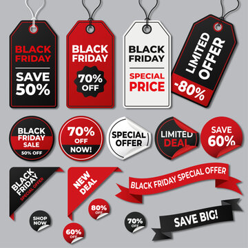 Black friday sale tags and stickers collection. retail discount labels and badges design. special offer marketing vector set with discount shopping promotion commercial collection marketing
