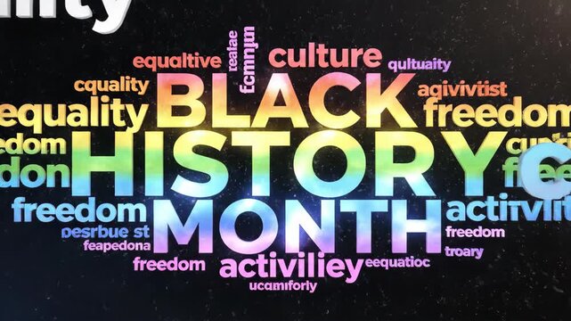 Black History Month word cloud with rainbow text and equality concepts