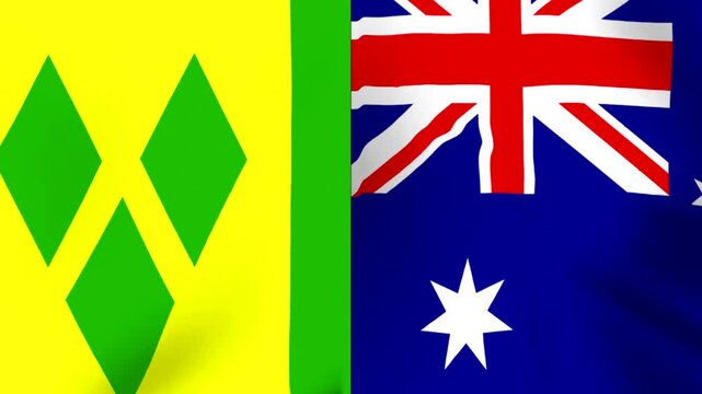 Waving national flags of Saint Vincent and the Grenadines and Australia side by side in a conceptual alliance