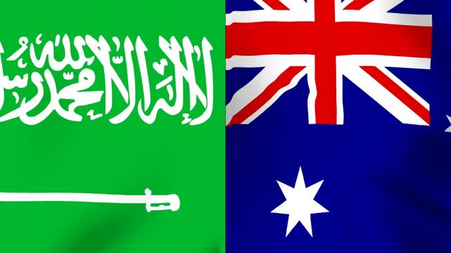 Waving national flags of Saudi Arabia and Australia side by side against a smooth surface