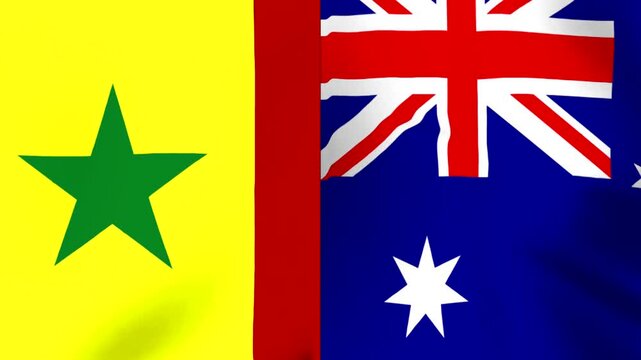 Waving national flags of Senegal and Australia joined together in a single fabric design
