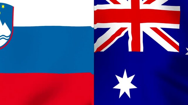 Waving national flags of Slovenia and Australia side by side in a conceptual international relations partnership design