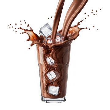 Chocolate milk splash in a glass with ice cubes isolated on white background