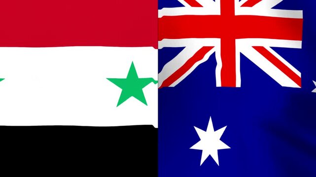 Waving national flags of Syria and Australia side by side in a conceptual international relations design