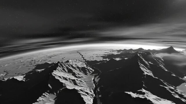 Epic grayscale cinematic view above a planetary landscape with starry night sky and atmosphere in outer space
