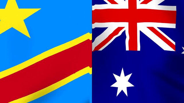 Waving national flags of the Democratic Republic of the Congo and Australia side by side