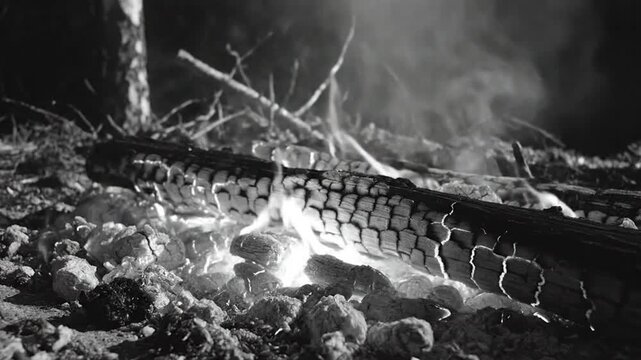 Black and white close-up of a burning campfire with glowing embers and smoke at night