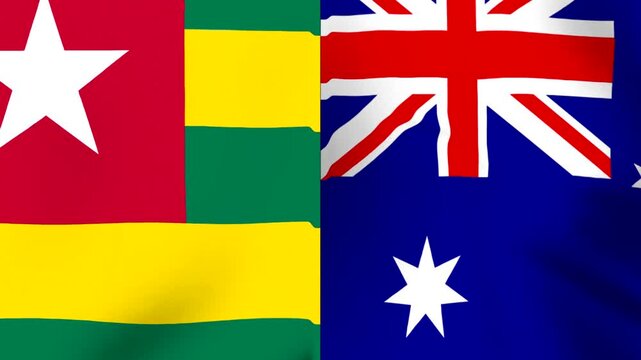 Waving national flags of Togo and Australia combined side by side representing international cooperation and diplomatic friendship between two countries