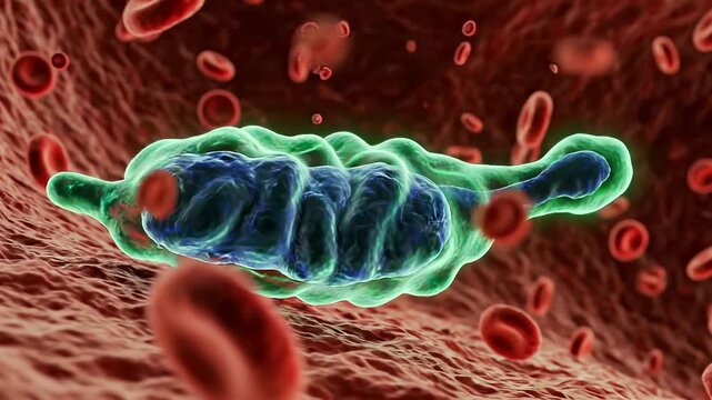 Single cell drifting in tracking shot through viscous fluid environment for cell biology research, microscopy visualization, medical education, and biotech study of living biological systems.