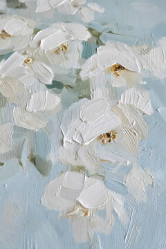 Impasto oil painting showing abstract white floral blooms on a light blue background, creating texture and organic art