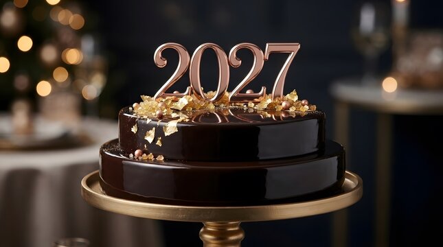 Black cake with 2027 gold topper for new year celebration in a dark luxury room