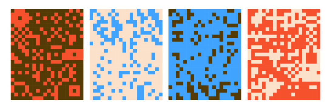 Abstract pixel art patterns, modern retro posters set. 8-bit cards with pixelart square blocks, video game digital effect, texture. 8bit pixelated mosaic backgrounds. Flat vector illustrations