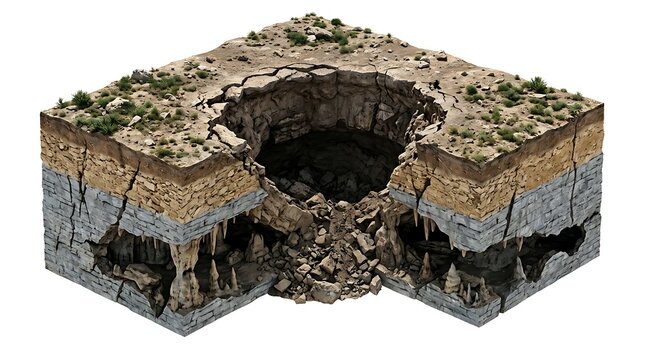 Cross Section of a Sinkhole with Underground Cave Formation Isolated on White