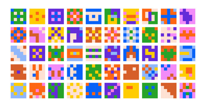Colorful abstract pixel patterns, square tiles set in modern retro video game style. Geometric 8-bit pixelart designs, pixelated computer art. Flat vector illustrations isolated on white background