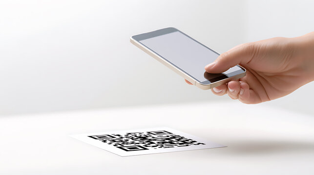 Person hold smart phone to capture qr code with device camera for quick payment service and digital menu access on bright white table