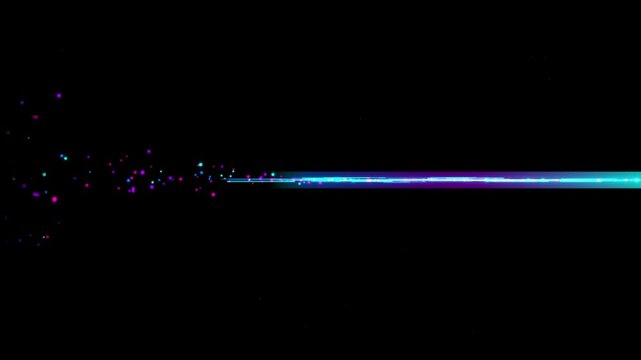 Abstract futuristic glowing neon laser beam and dispersing data particles on dark background animation.