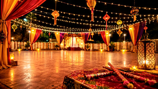Illuminated Navratri Garba and Dandiya Dance Venue with Festive Lanterns and Traditional Decor at Night