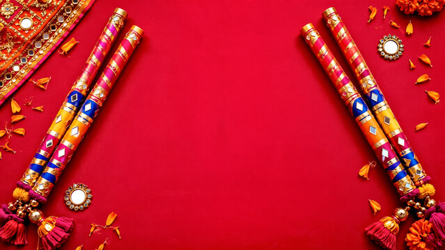 Navratri Dandiya Sticks Framing Red Festive Background with Marigold Petals, Mirror Work and Copy Space